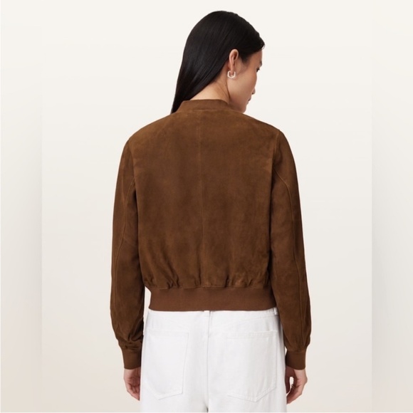 All Saints Orten Suede Bomber Jacket in Cognac Brown - Picture 4 of 8